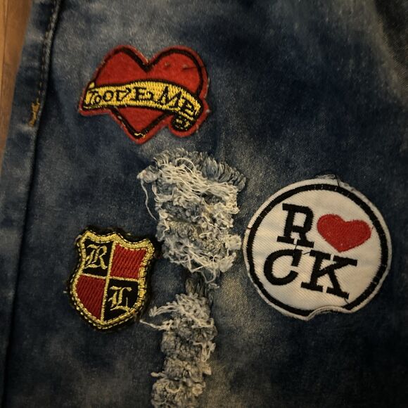 Rebel Love Skinny Applique Patches Jeans 5/6 Blue Distressed Rock Crest Heart - Picture 3 of 9